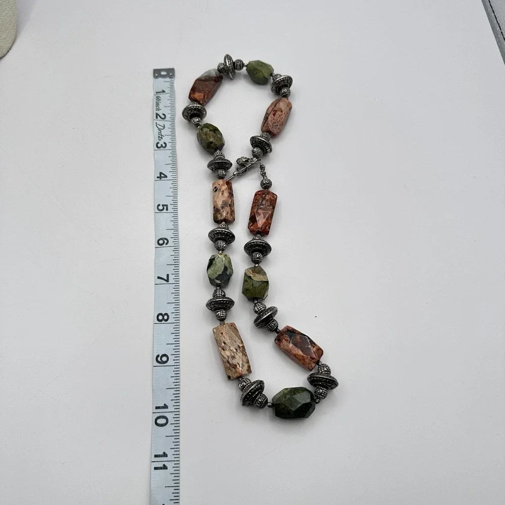 Vintage 80s Leopard Skin Jasper Beaded Statement Necklace Silver Tone‎ Jewelry